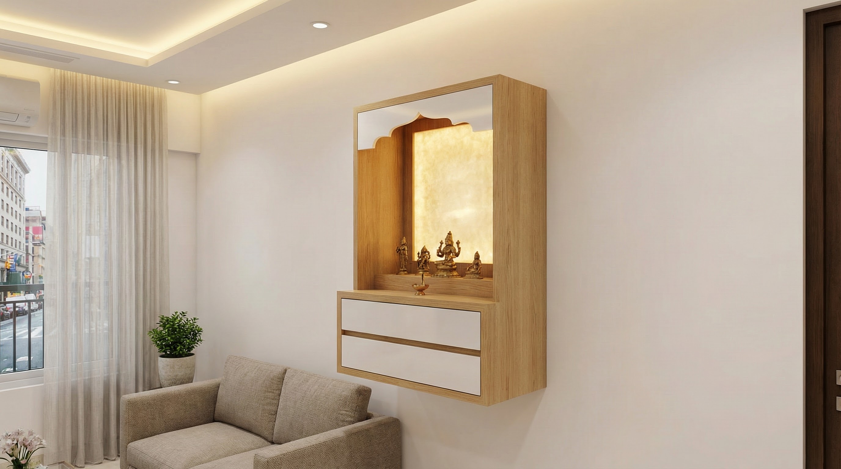 Wall-mounted puja unit design for small flats in Kolkata